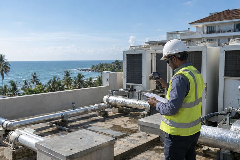 An engineer checking hotel chillers on a sunny roof