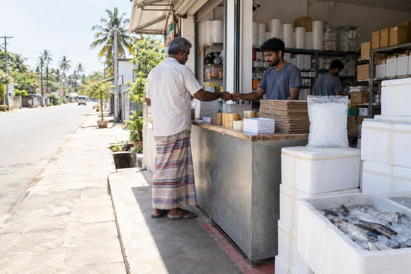 Boxes, tape and ice on a sunny district store counter