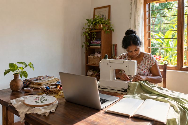 Sewing, embroidery and bookkeeping at a sunny table at home