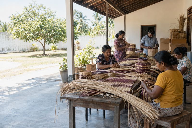 Weavers making matching baskets on a sunny veranda