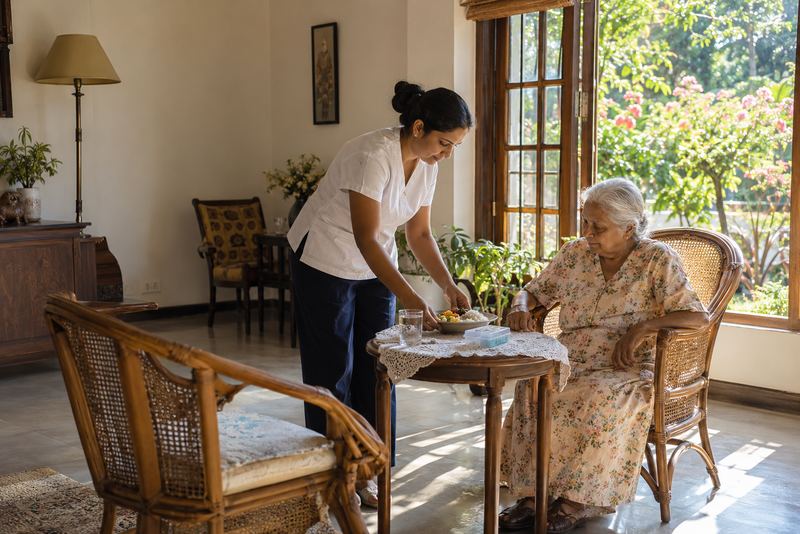 A carer serving lunch to an elderly person in a bright room