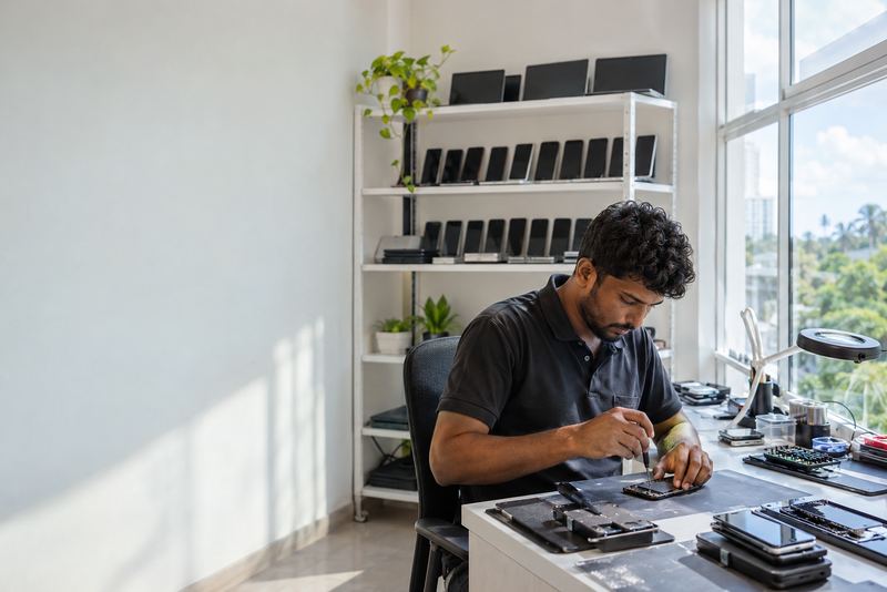 A technician refurbishing a phone at a bright workbench