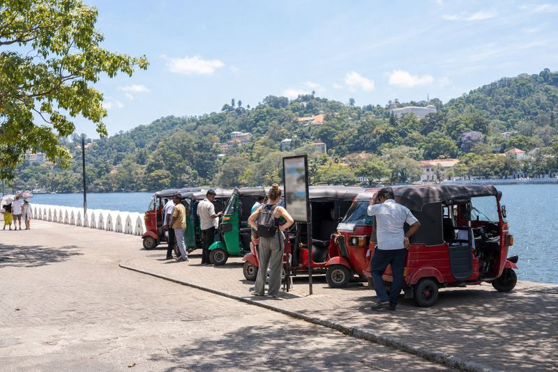 A visitor checking a fare board at a sunny Kandy rank