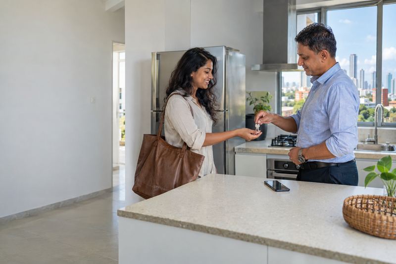 Keys handed over across a sunny Colombo kitchen counter