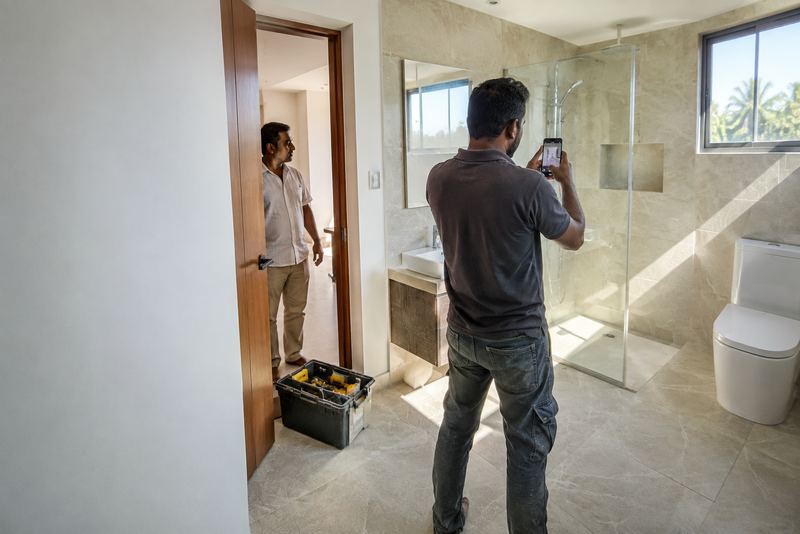 A builder photographing a finished bathroom for a client