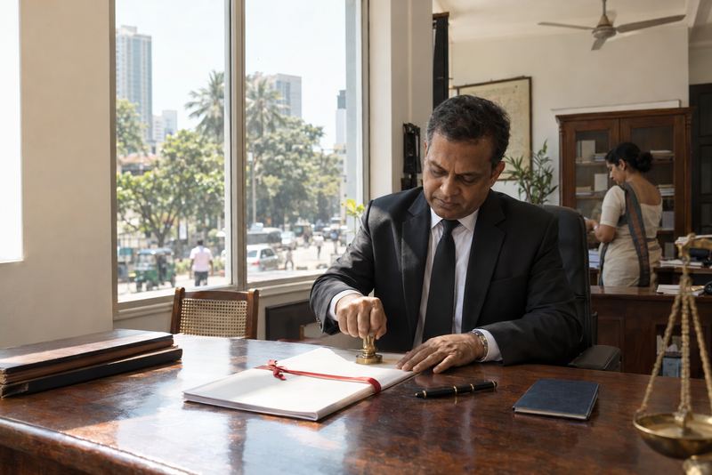 A notary sealing a document in a sunny office