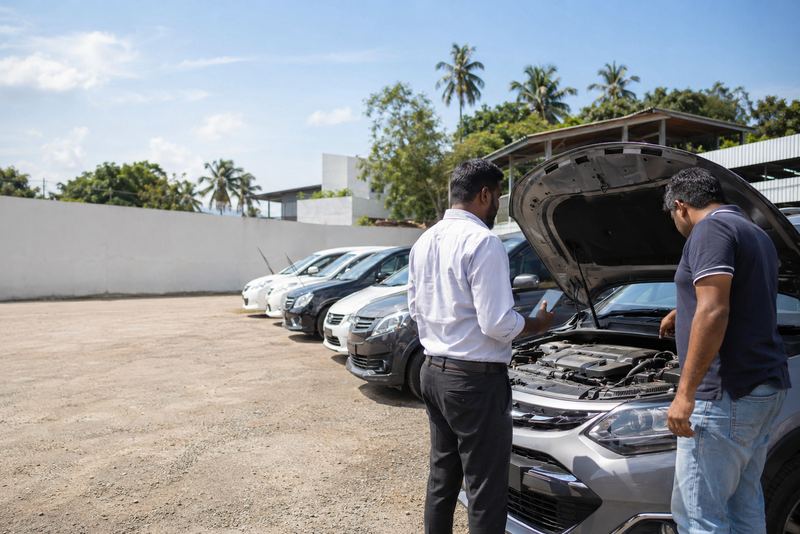 A buyer checking a used car's history in a sunny yard