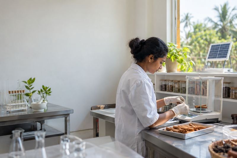 A technician weighing cinnamon in a bright testing lab