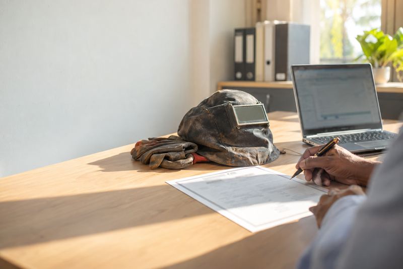 A trade certificate, welding gloves and a laptop on a sunny desk