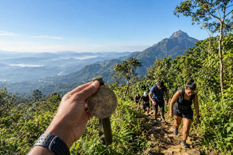 Trail runners in the hills with Adam's Peak in sunshine