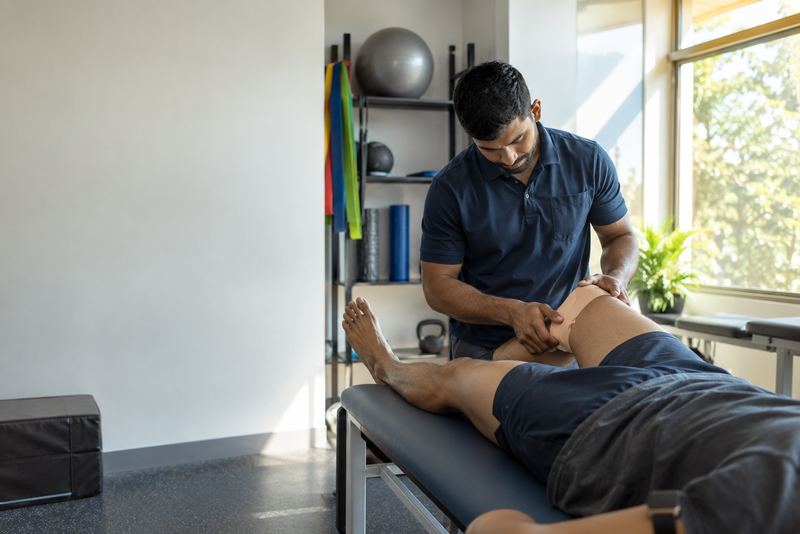 A physio taping an athlete's knee in a sunny clinic