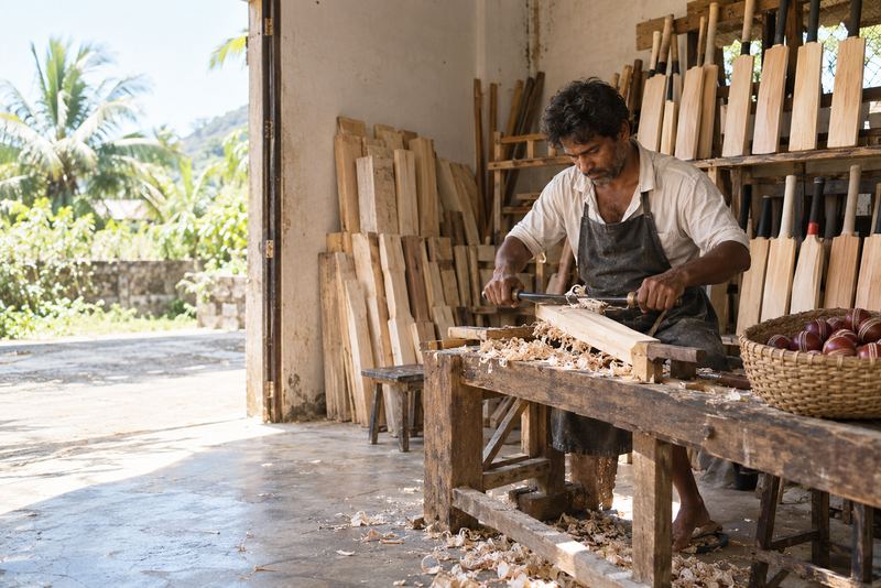 A craftsman shaping a cricket bat in a sunny workshop