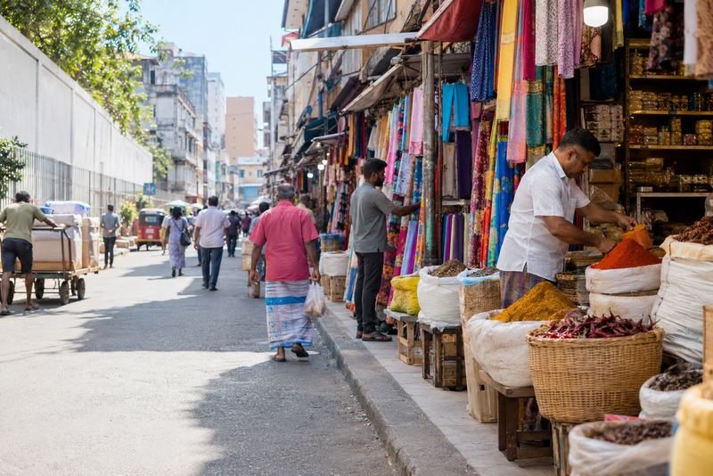 Visitors walking a clean sunny Pettah market street