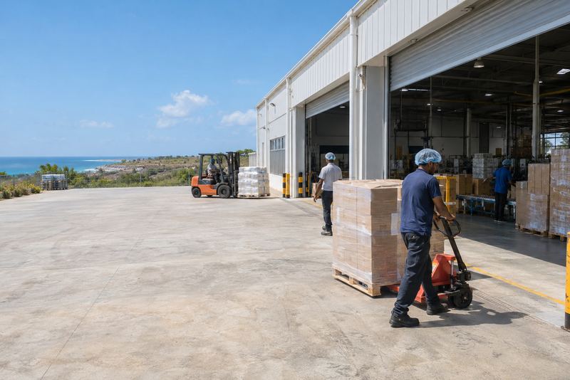 Workers moving pallets at a sunny Hambantota processing shed