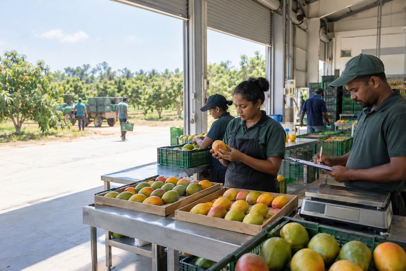 Trainees grading mangoes against reference trays in daylight