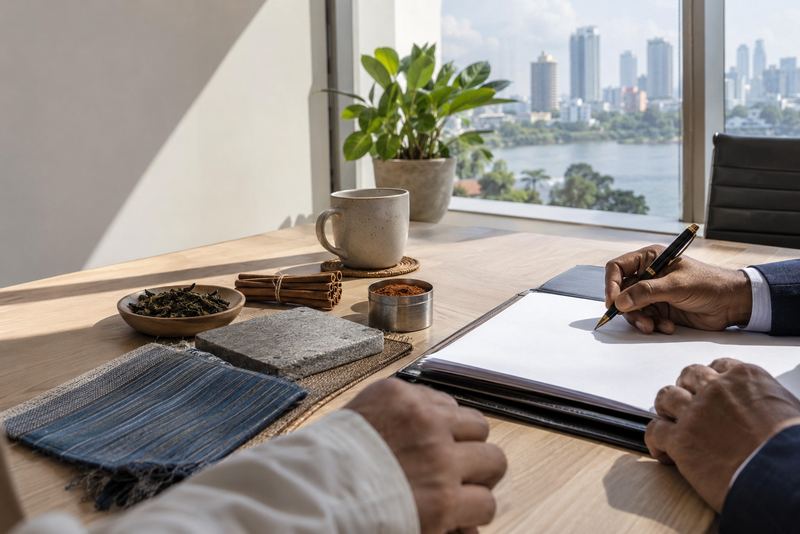 Investment papers and product samples on a sunny table