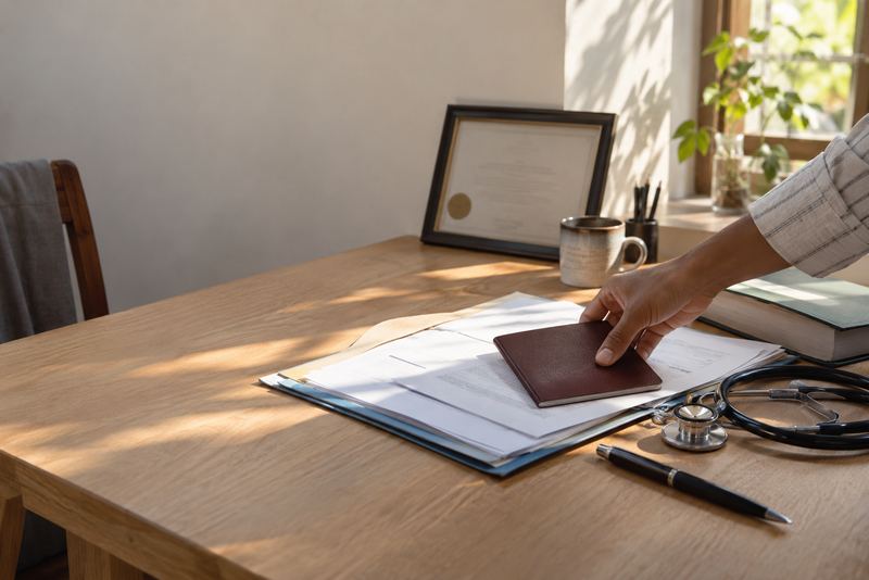 A degree certificate, forms and a passport on a sunny desk
