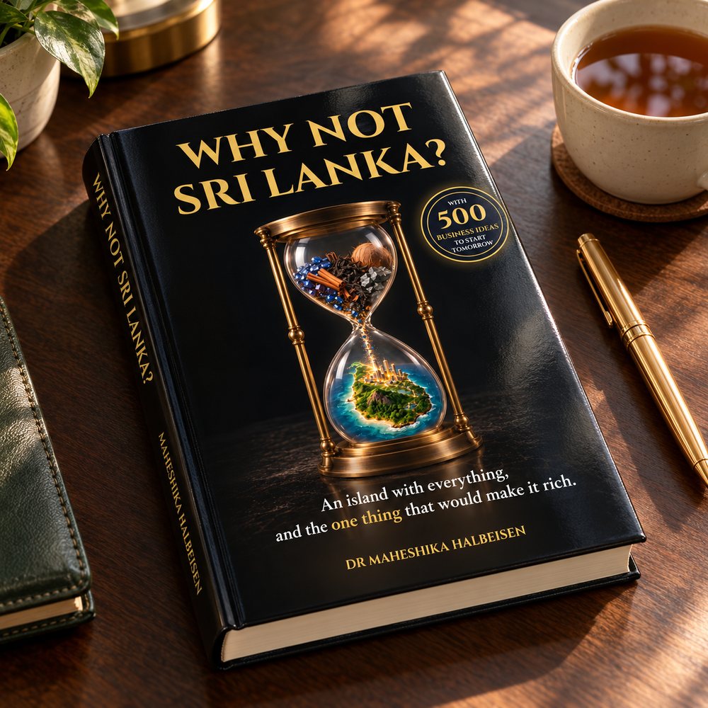The hardcover of Why Not Sri Lanka? on a wooden desk beside a cup of tea and a gold pen