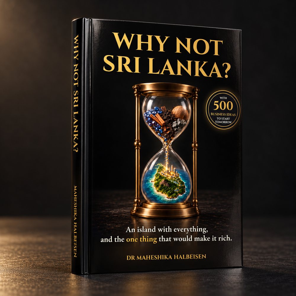The hardcover of Why Not Sri Lanka? standing on a dark table