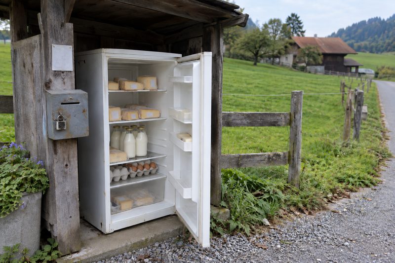 A fridge by a Swiss country road with its door open: cheese, milk and eggs inside and a cash box on the post beside it