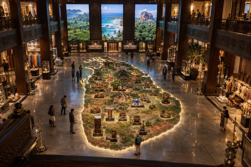 A great hall with a glowing relief map of Sri Lanka in the floor, every district carrying its products, seen from a balcony