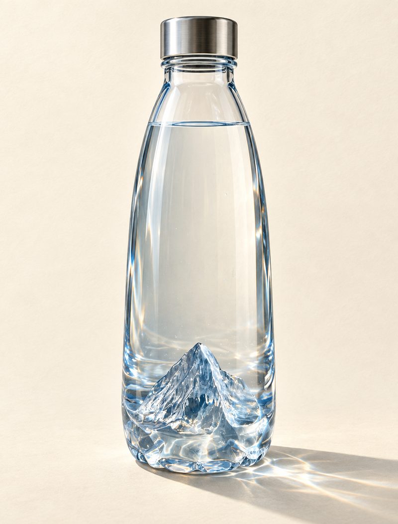 A glass water bottle with the Matterhorn moulded into its base