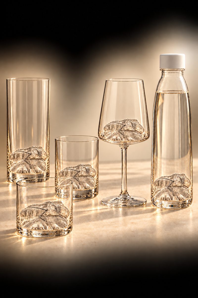 Drinking glasses and a bottle with the shape of Sigiriya rock moulded into the base