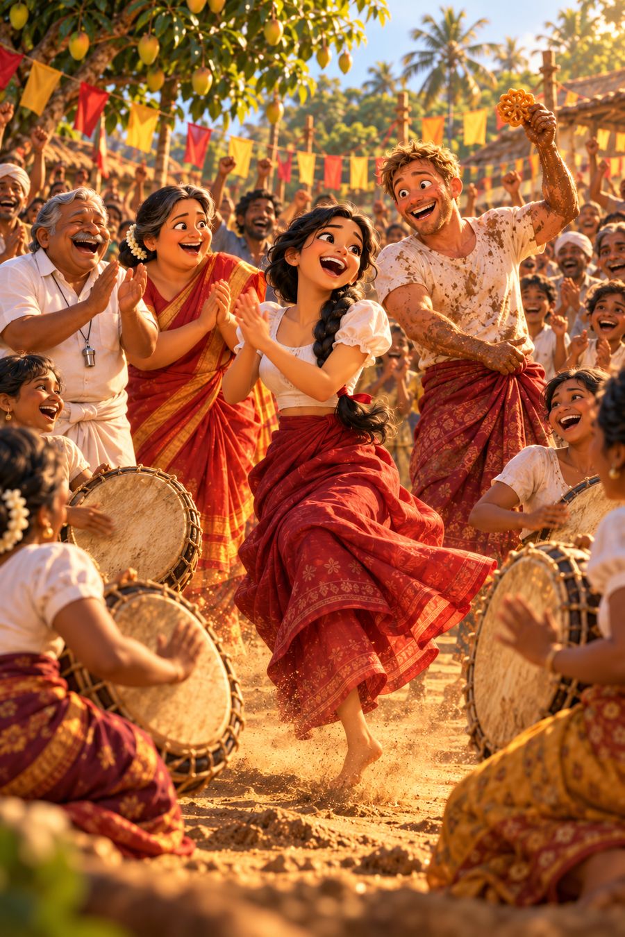 A picture from the song's film: කොට්ට පොරේ දිනුවා, අපේ අවුරුද්දේ (He Won the Pillow Fight at Our New Year)