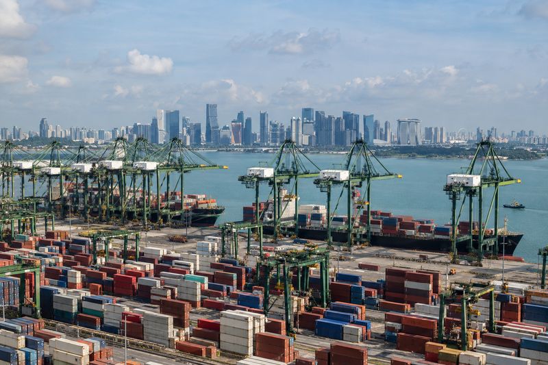 Gantry cranes over a container ship in the port of Singapore, the city beyond